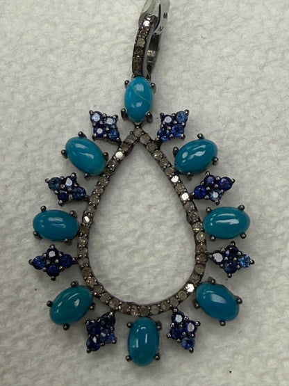 Turqouise Sapphire Silver Pave  Diamond Pendant