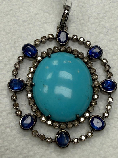 Turqouise Silver Pave Diamond Pendant