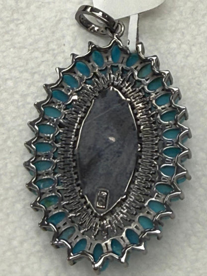Marquise Shape Turqouise Silver Pave Baguette Diamond Pendant With Moonstone