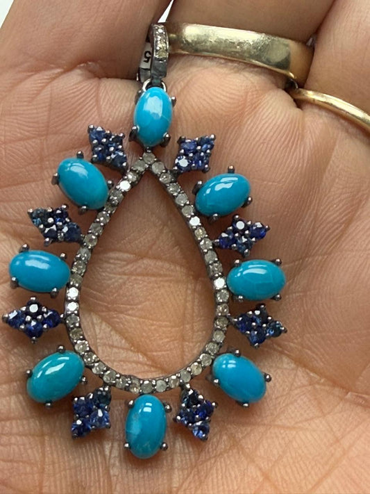 Turqouise Sapphire Silver Pave  Diamond Pendant