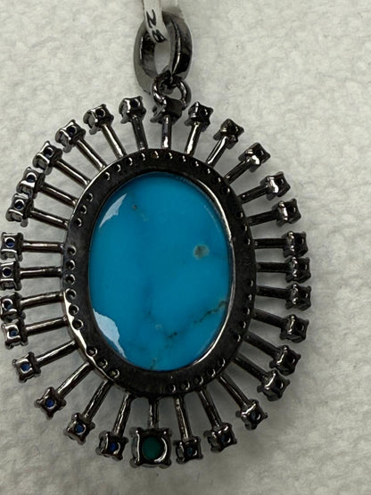 Turqouise Sapphire Silver Pave Diamond Pendant