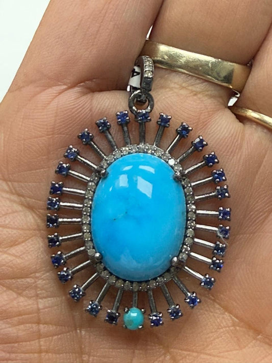 Turqouise Sapphire Silver Pave Diamond Pendant