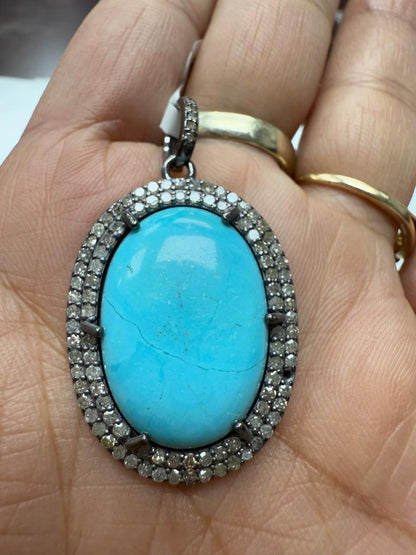 Turqouise Pave Silver  Diamond Pendant