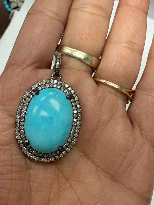Turqouise Pave Silver Diamond Pendant