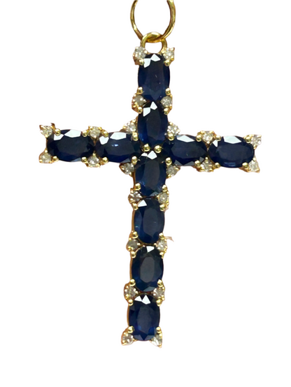 14K SOLID GOLD CROSS PENDANT WITH BLUE SAPPHIRE AND DIAMONDS