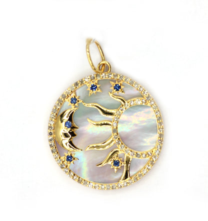 Round Sun Moon 14k Solid Gold Diamond Pendants