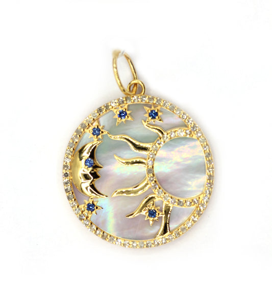 Round Sun Moon 14k Solid Gold Diamond Pendants