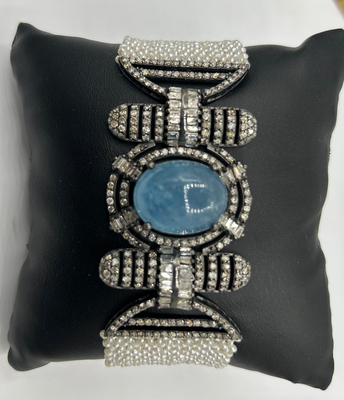 Aquamarine Oval Cabs and Diamond Pearl Weaving Bracelet