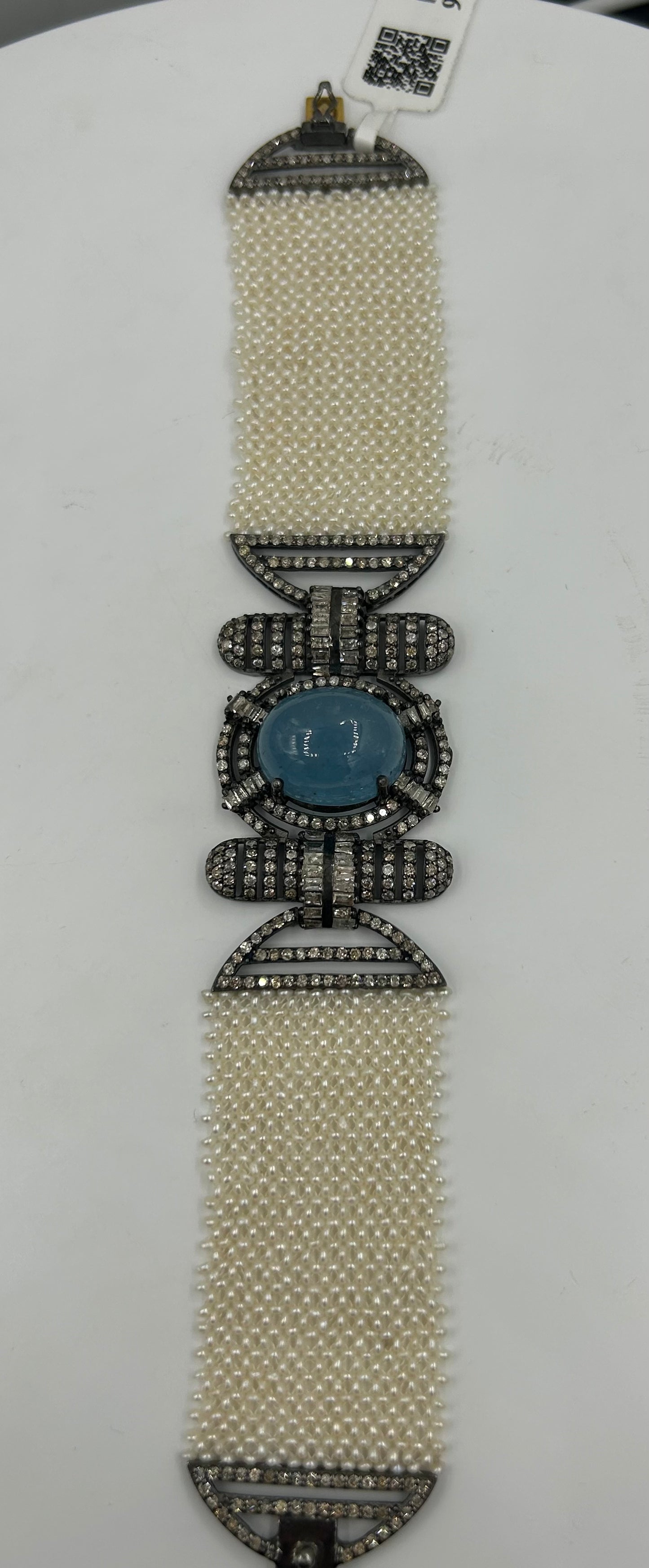 Aquamarine Oval Cabs and Diamond Pearl Weaving Bracelet