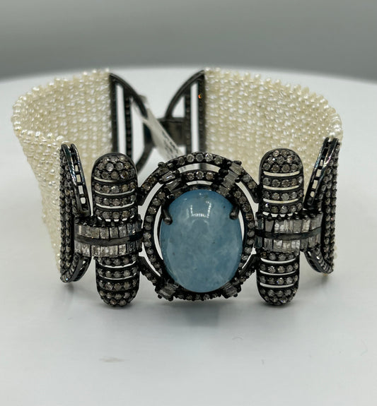 Aquamarine Oval Cabs and Diamond Pearl Weaving Bracelet