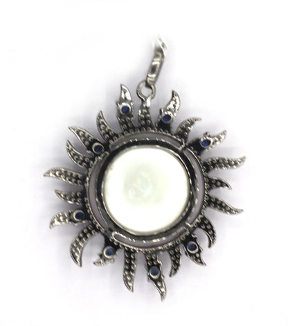 Pearl Sunburst Shape Silver Pave Diamond Pendant With Pearl Stone