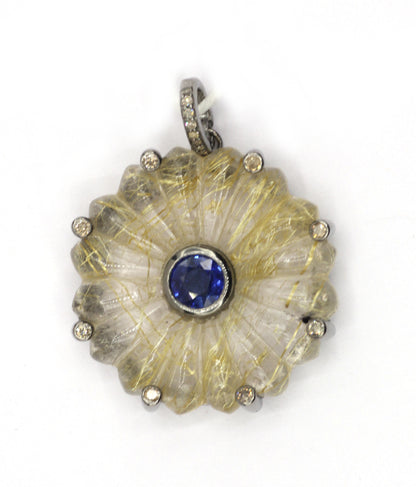 Golden Rutile Silver Pave Diamond Pendant