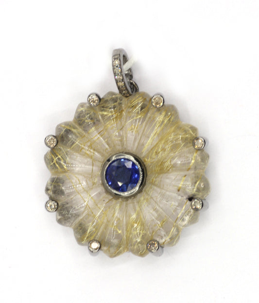 Golden Rutile Silver Pave Diamond Pendant