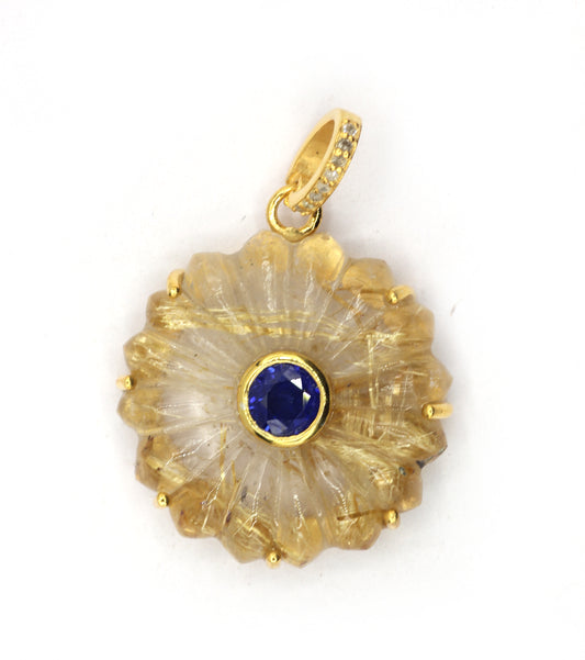 Golden Rutile Silver Pave Diamond Pendant