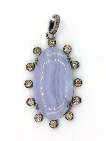 Oval Silver Pave Diamond Pendant