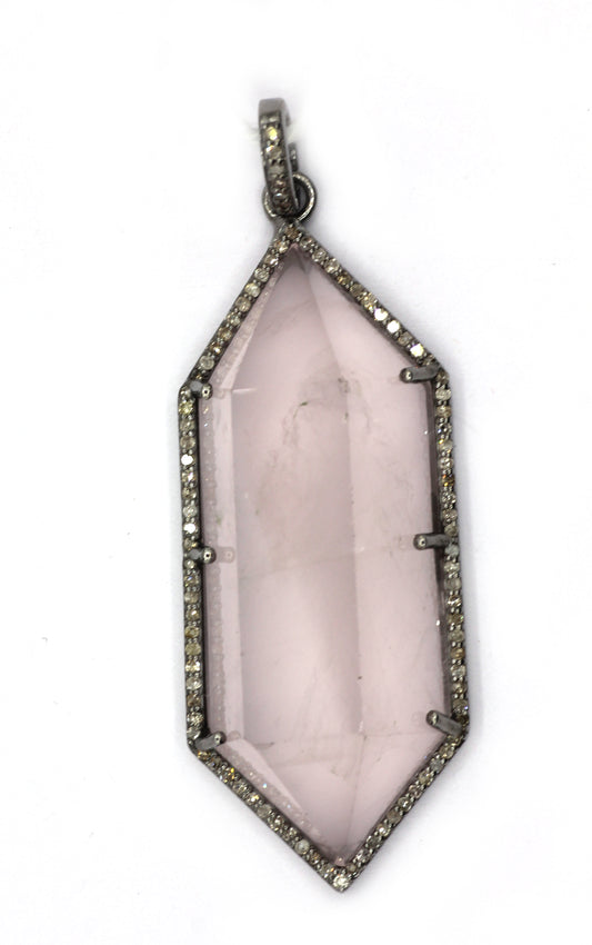 Rose Quartz Silver Pave Diamond Pendant