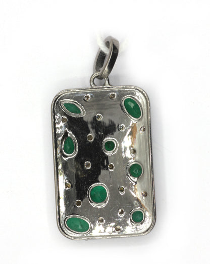 Rectangle Pave Diamond Pendant With emerald Stone