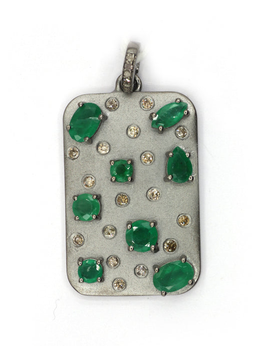 Rectangle Pave Diamond Pendant With emerald Stone