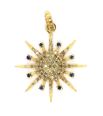 Star shaped sterling silver pendant with Diamond And Blue Sapphire