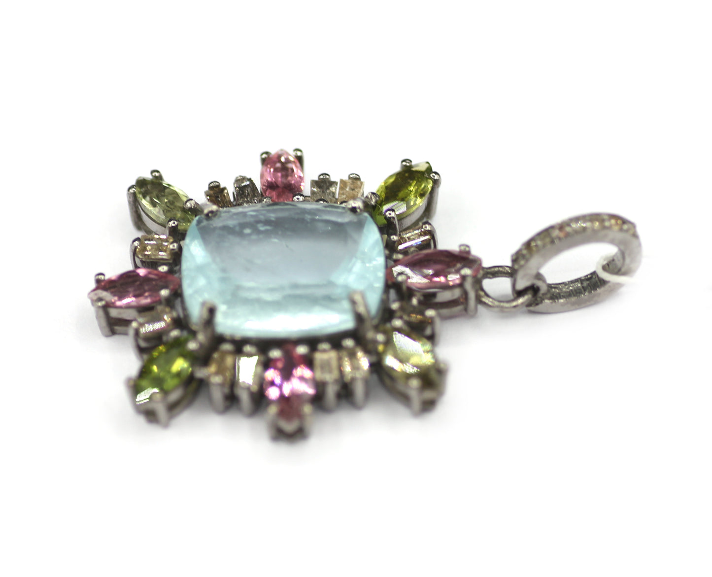 Aquamarine sterling silver Diamond Pendant With Tourmaline Stone
