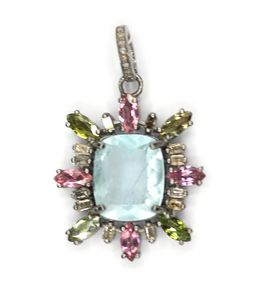Aquamarine sterling silver Diamond Pendant With Tourmaline Stone