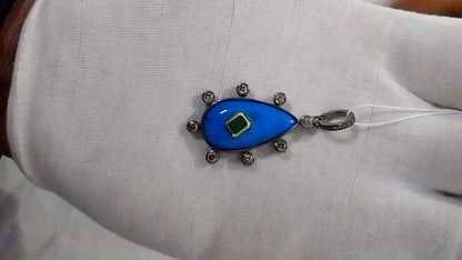 Silver Pave Diamond Pendant With Turquoise Stone