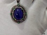Oval Silver Pave Diamond Pendant With Tanzanite Stone