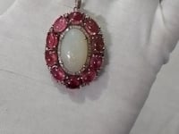 Oval Silver Pave Diamond Pendant With Opal & Tourmaline Stone