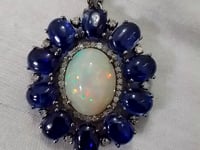 Silver Pave Diamond Pendant With Tanzanite & Opal Stone