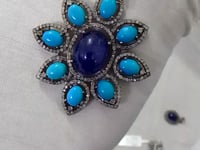 Silver Pave Diamond Pendant With Turquoise & Tanzanite Stone
