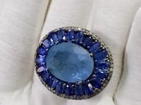 Aqua Silver Pave Diamond Ring .925 Oxidized Sterling Silver Diamond Ring