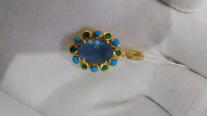 Oval Aquamarine stone pendant in 925 silver with pave diamonds, turquoise and emerald accents, 25x20 mm.