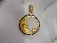 Moon With Blue Sapphire Stone & Silver Pave Diamond Pendant