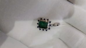 Emerald rectangle pendant in 925 silver with pave diamonds and blue accent stones, 20x18 mm