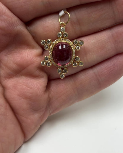 14K SOLID GOLD OVAL SHAPE PINK TOURMALINE AND DIAMOND PENDANT