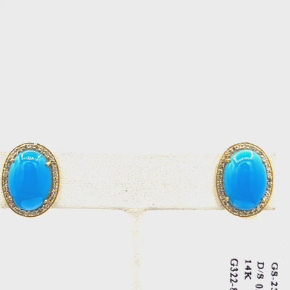 Turquoise Oval 14k Solid Gold Diamond Stud Earring. Genuine handmade pave diamond Earring. 14k Solid Gold Diamond Earring..