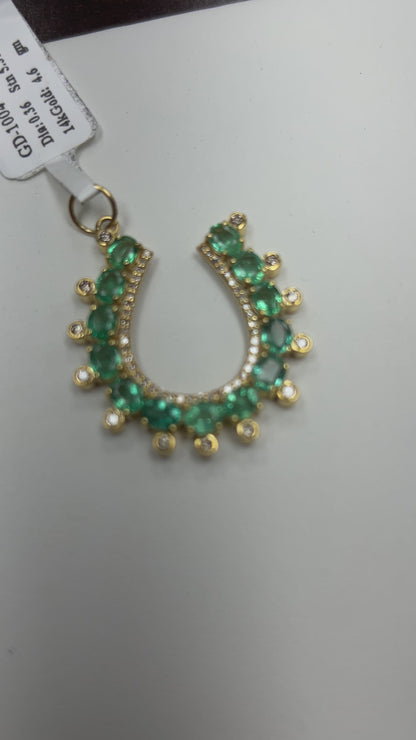 14k Solid Gold Horse Shoe Pendant with Emerald and Diamonds
