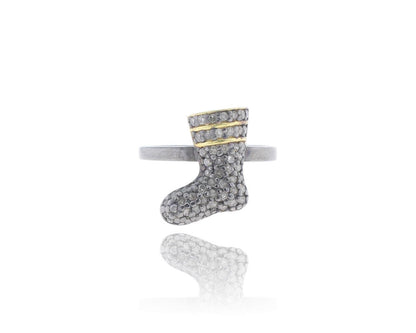 Long Boots shape Diamond and Silver Black Rhodium Finish Rings