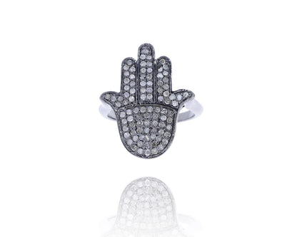 Hamsa Hand Diamond and Silver Black Rhodium Finish Ring