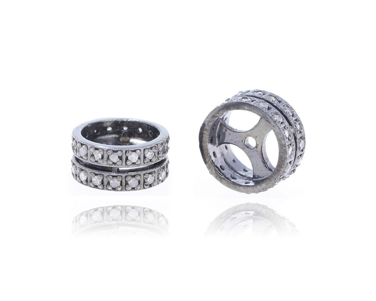 Silver and Diamond Pave  Roundel Beads