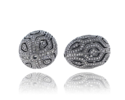 Long Oval Shape Filigree Silver Pave Diamond Beads