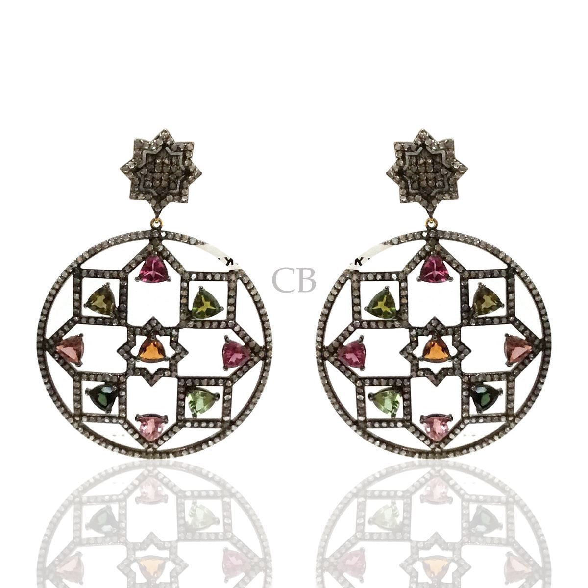 Diamond and Silver Multi Tourmaline Black Rhodium Finish Earring