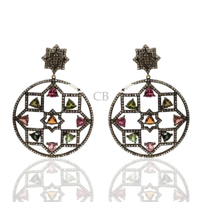 Diamond and Silver Multi Tourmaline Black Rhodium Finish Earring