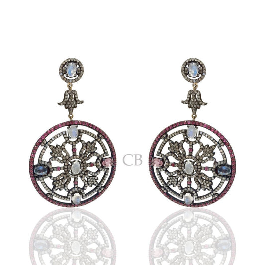 Diamond and Sapphire Faceted Stone Silver Earrings
