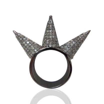 Diamond Three Cone Diamond Ring, Pave Diamond Ring, Pave Three Cone Ring, Approx 5 x 27mm. Sterling Silver