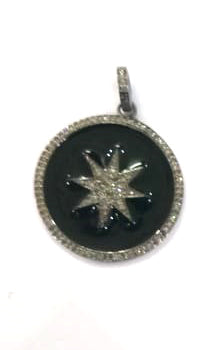 Enamel Round Shaped Diamond Pendant .925 Oxidized Sterling Silver Diamond Pendant, Genuine handmade pave diamond Charm Size 32 MM