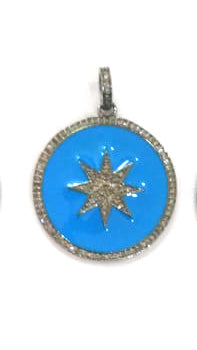 Enamel Round Shaped Diamond Pendant .925 Oxidized Sterling Silver Diamond Pendant, Genuine handmade pave diamond Charm Size 32 MM