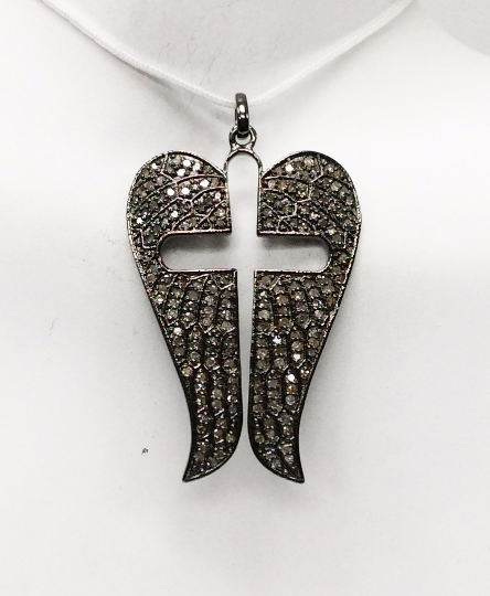 Cross Wings Diamond Pendant .925 Oxidized Sterling Silver Diamond Pendant, Genuine handmade pave diamond Pendant Size 1.52"(27 x 38 mm)
