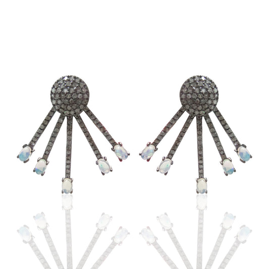 Opal Diamond Ear Cuff Earring .925 Oxidized Sterling Silver Diamond Earring, Genuine handmade pave diamond Earring Size 1.32"(33 x 33 MM )