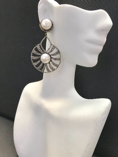 Diamond and Silver Pearl Black Rhodium Finish Earring